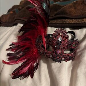 Elegant Red Feathered Masquerade Mask